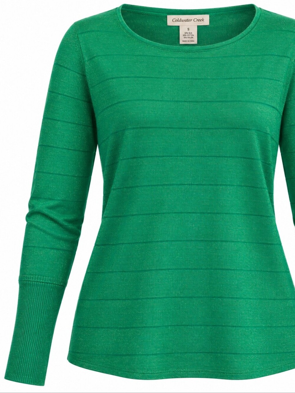 COLDWATER CREEK |‎ Kelly Green Silk Cotton Gold Shimmer Sweater Top | S 8
